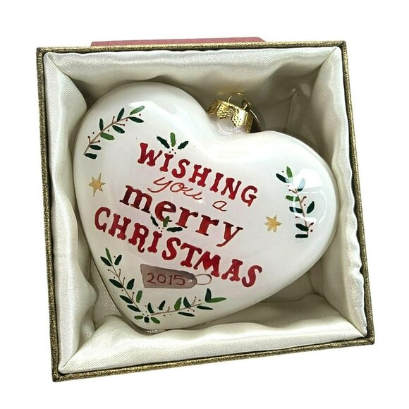 Merry Christmas 2015 Glass Heart Ornament By Pier 1 In Box JE310 - Picture 1 of 4